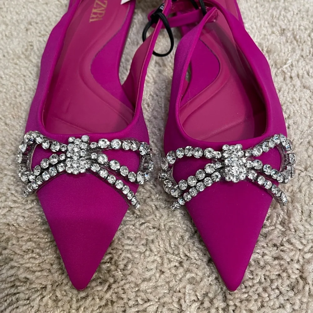 NWT! ZARA FLAT MULES WITH EMBELLISHED BOW FUCHSIA - Picture 7 of 8